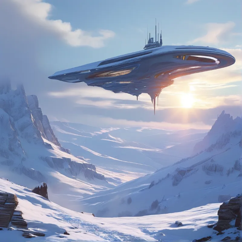 A sleek metallic vessel drifts over a frozen valley as low sunlight flares behind its hull.
