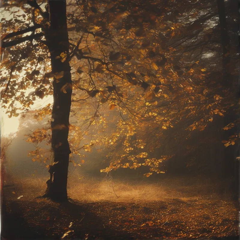 A silhouetted beech tree stands left in foggy autumn forest as warm backlight glows on golden drooping branches and fallen leaves cover floor.