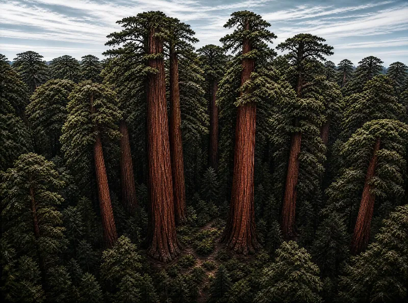 Tall Giant Sequoia trees stand in a dense coniferous forest beneath a sky filled with light clouds, their reddish-brown trunks contrasting with the lush green foliage.