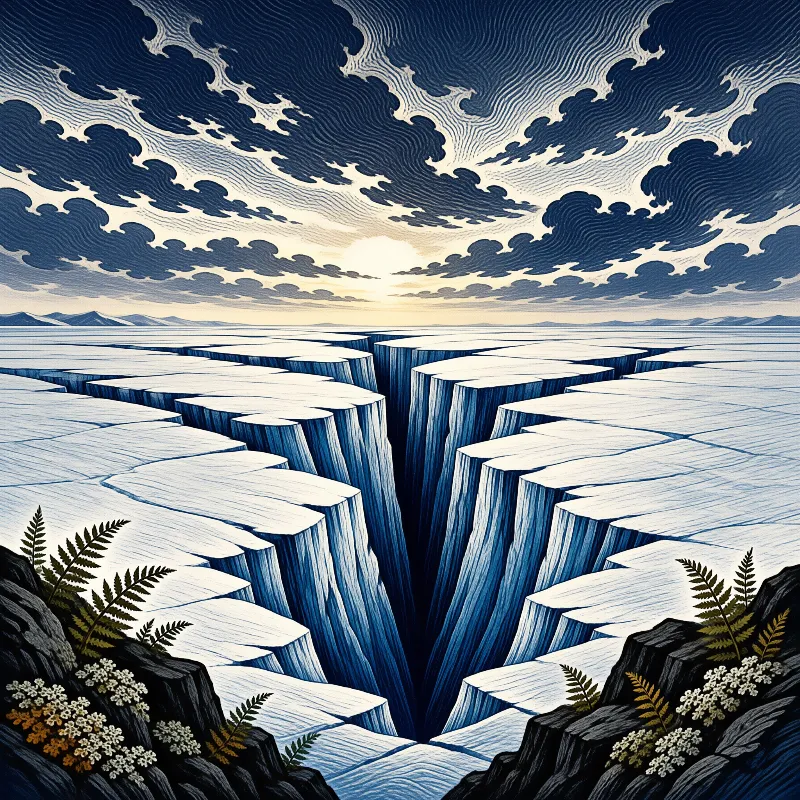 A deep blue ice fissure splits a frozen plain under striped clouds like a woodblock print