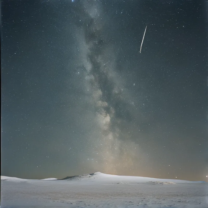 A vertical Milky Way galaxy spans starry night sky above white dunes with meteor streak near upper right corner.