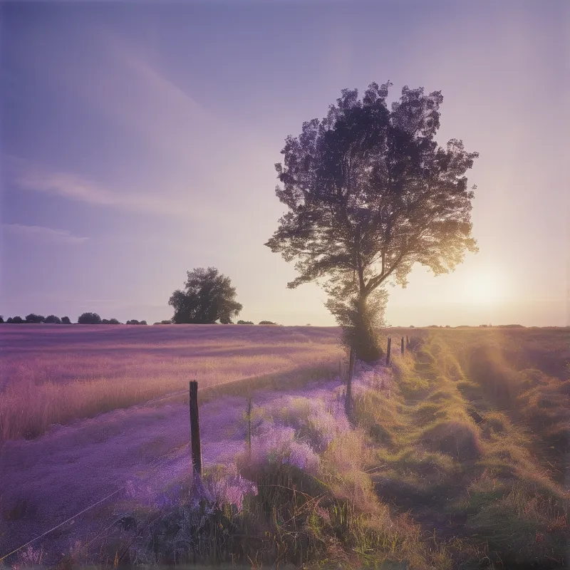 A solitary tree rises above a fence line in a field filled with purple wildflowers under a hazy sunset sky.