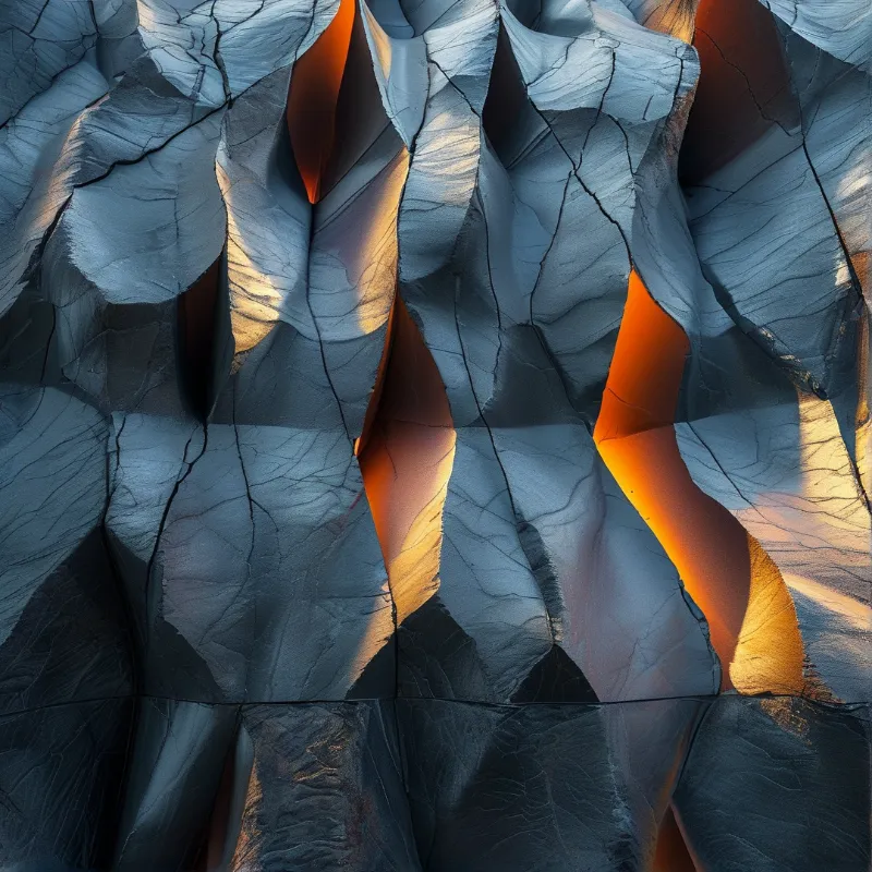 Vertical folds of blue-grey stone revealing bright orange interiors illuminated by strong directional sunlight.