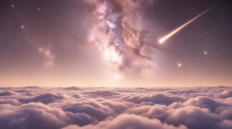 A bright meteor trails across a purple starry sky above vast white clouds beneath the Milky Way galaxy.