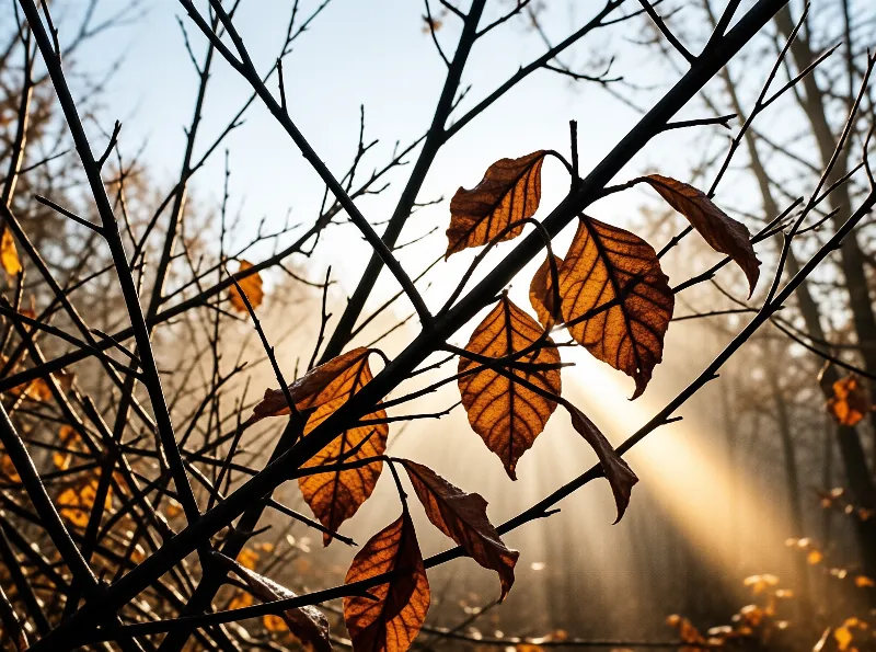 Dried amber leaves hang from dark twigs while bright sunbeams filter through a hazy wooded area in the background.