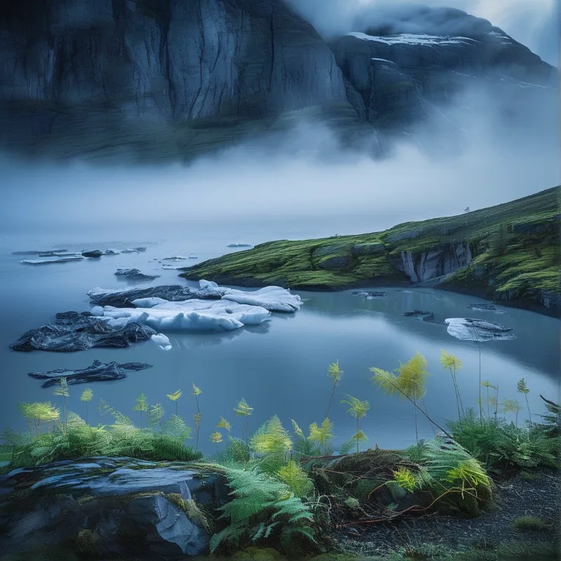 Chunks of white ice float on calm blue water near steep misty cliffs and foreground ferns.