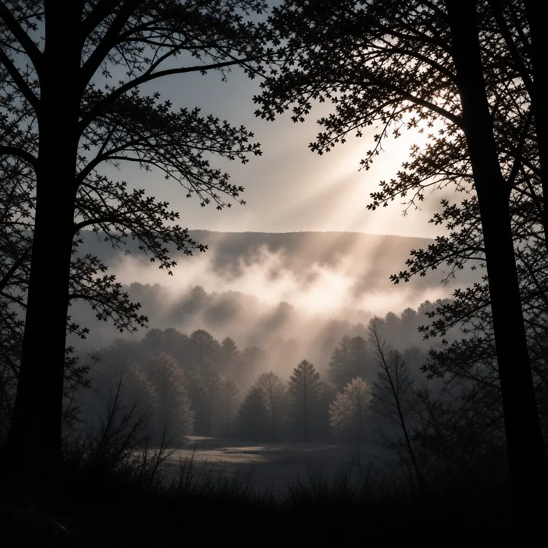 Bright sunbeams pierce the fog above a dense treeline while dark tree branches frame the upper corners of the view.