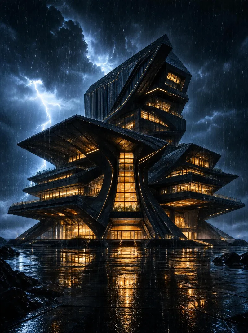 Futuristic Building in Storm