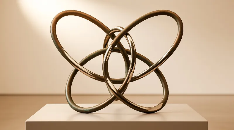 A complex metallic knot rests on a plain white block against a beige wall with directional highlights.