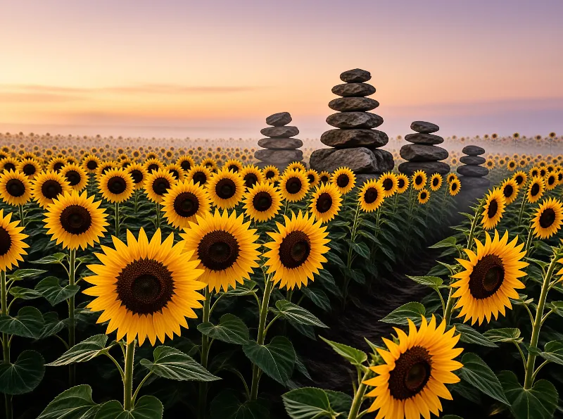 Several balanced stone towers rise above a vast expanse of blooming yellow flowers beneath a gradient twilight sky.