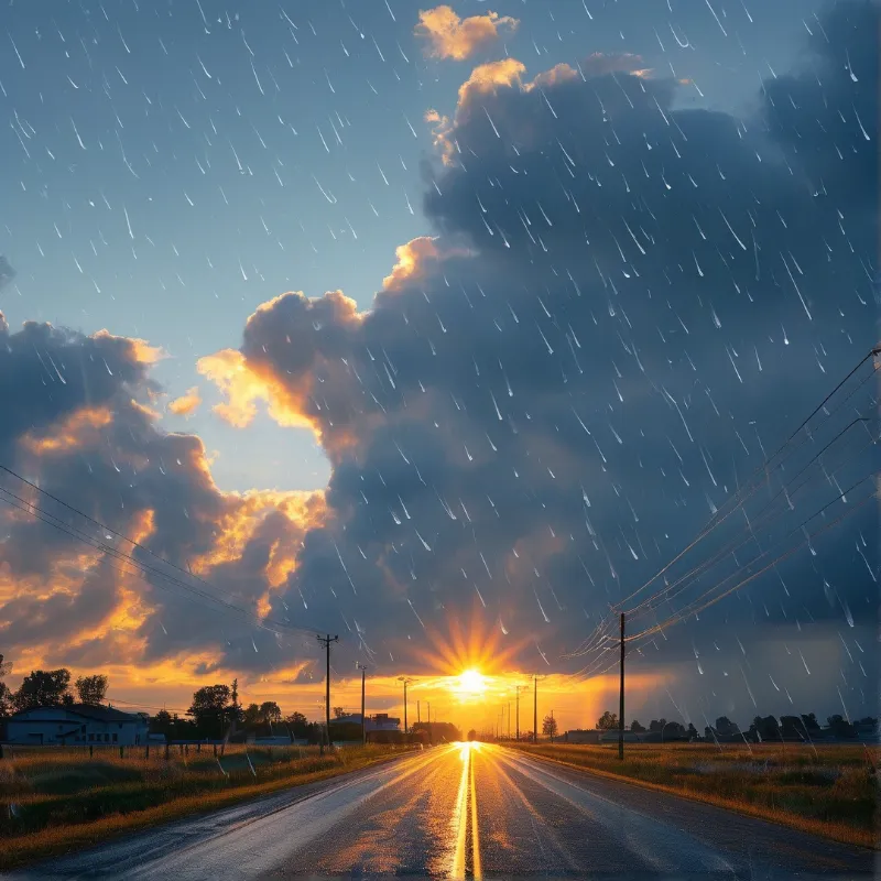 A wet rural highway stretches toward a bright setting sun while rain falls across the sky filled with sunlit storm clouds.
