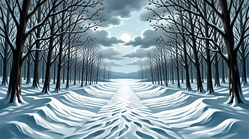 A winding trail covered in white snow leads through tall dark trees towards a bright sun breaking through heavy clouds.