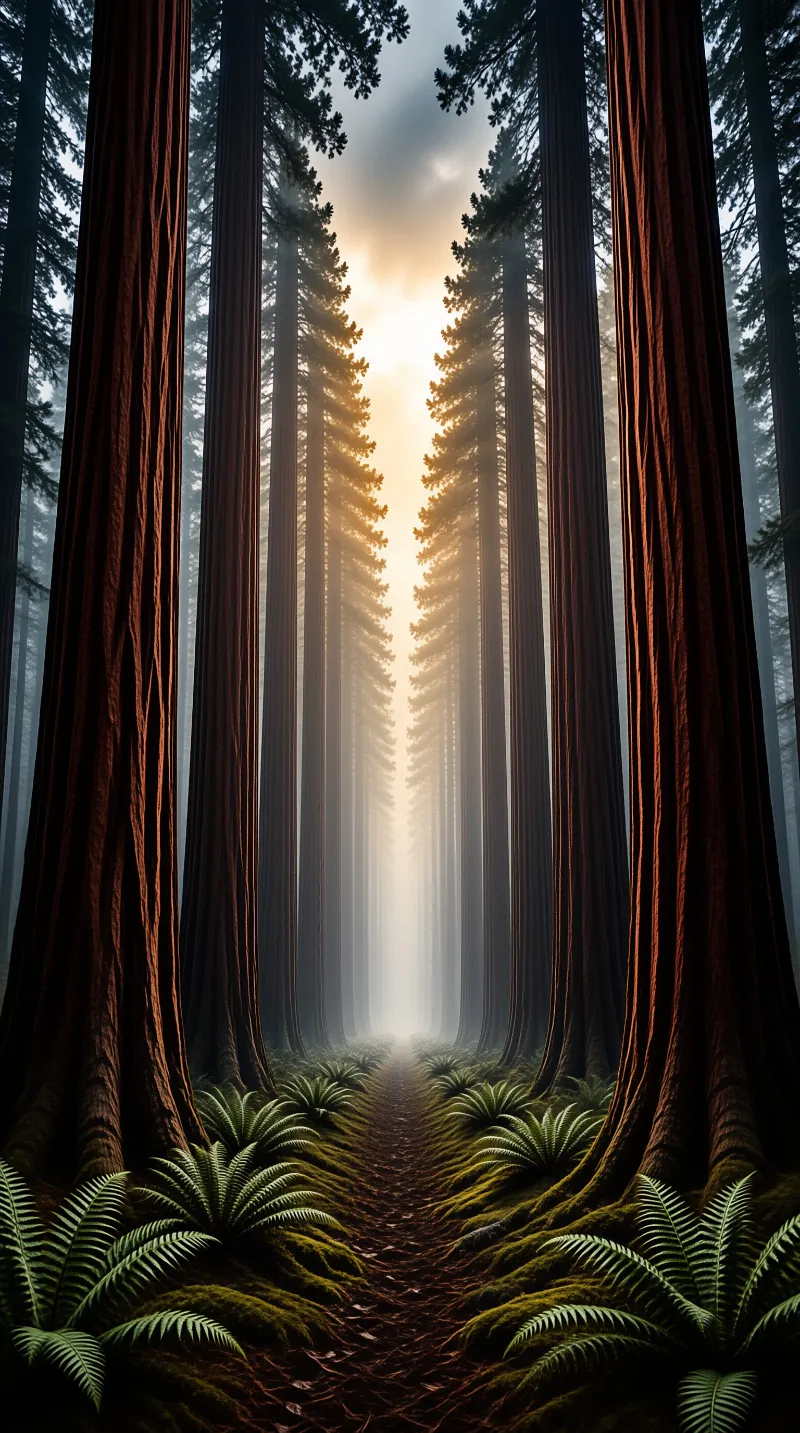 Towering redwood trunks flank a mossy trail through ferns as golden light filters through the fog