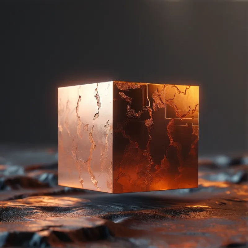 A translucent cube filled with amber fractures sits atop a dark surface emitting a warm golden glow.