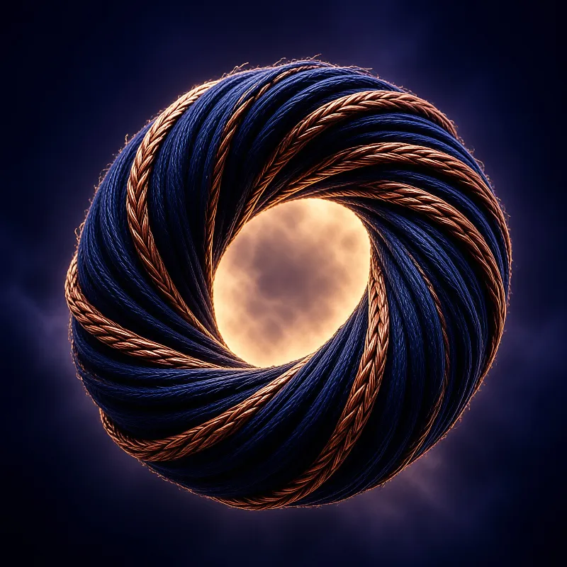 Interwoven blue and copper strands form a circular frame revealing a luminous center set against a deep navy backdrop.