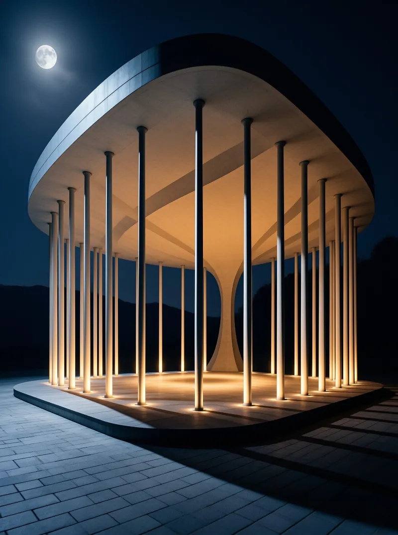 Slender columns support a curved canopy that glows warm at night while a full moon hangs overhead