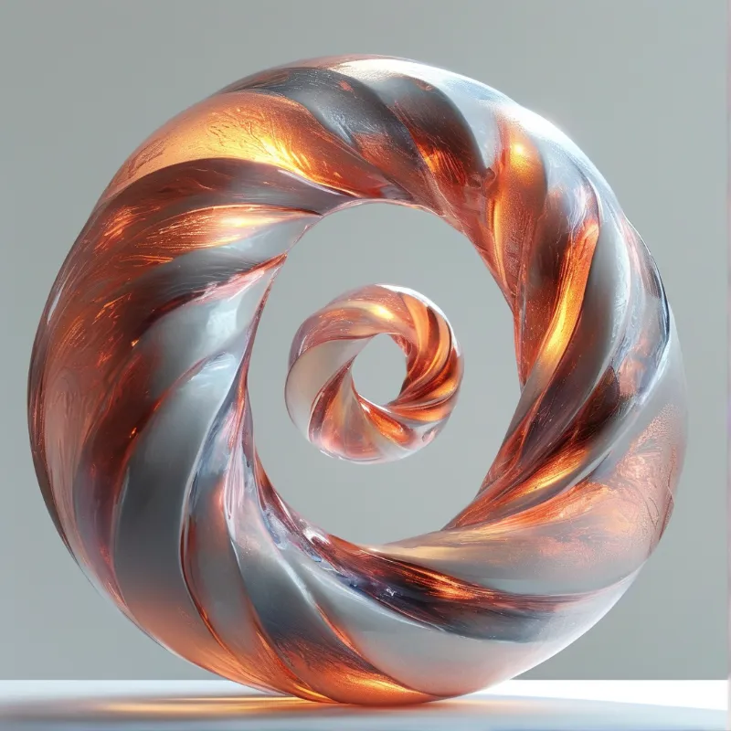 A translucent twisted ribbon of copper-toned and grey glass curls into a tight spiral on a pale stage