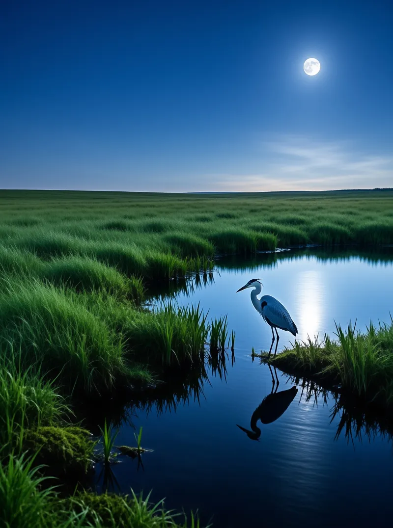 A grey heron waits at the edge of a still waterway, its mirror image doubled beneath a bright full moon.