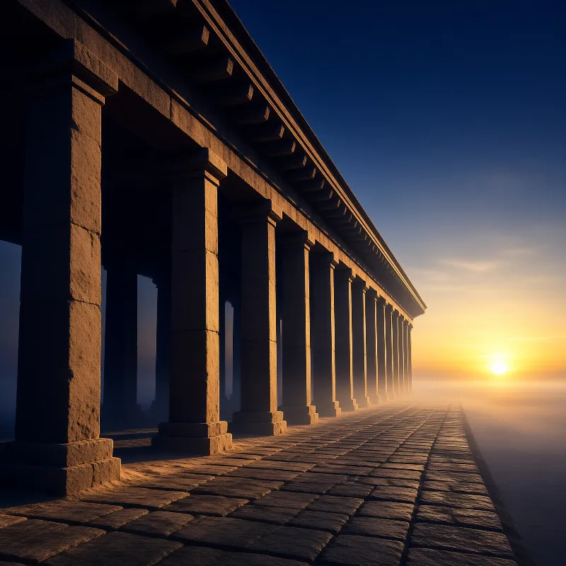 Heavy stone pillars line a paved walkway beside calm water as bright sunlight glows through the thick morning fog.