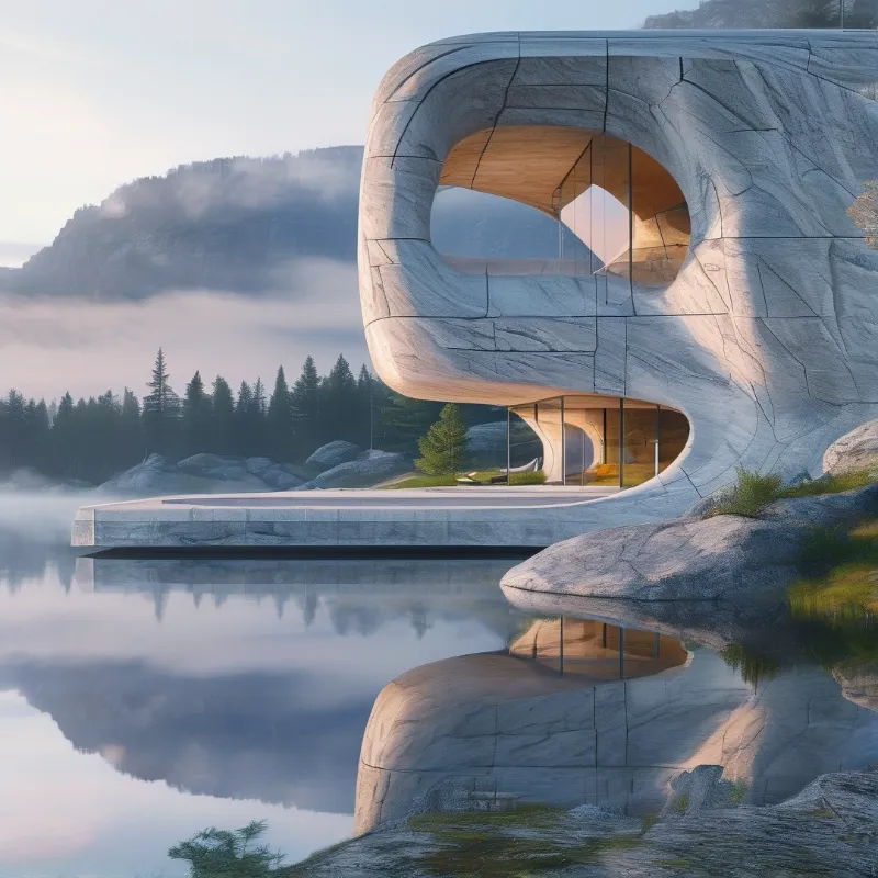 A curving stone residence with rounded openings rests beside a mirror calm lake in morning mist.