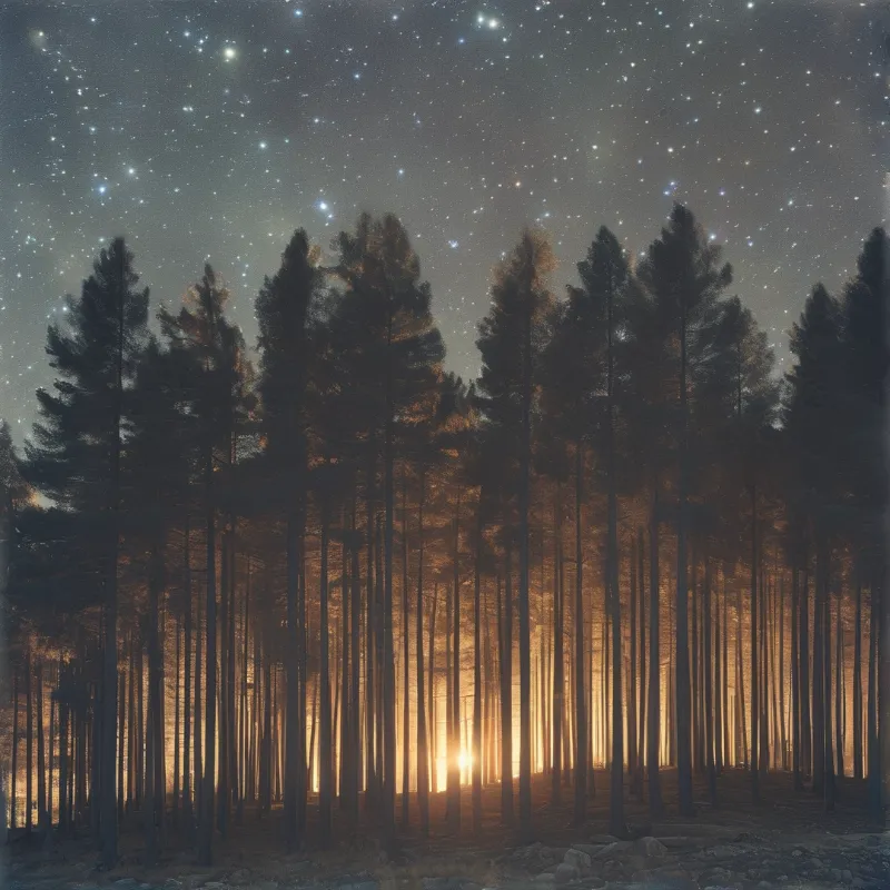 Tall pines silhouette against a starry night sky with a warm glow rising from the forest floor below.