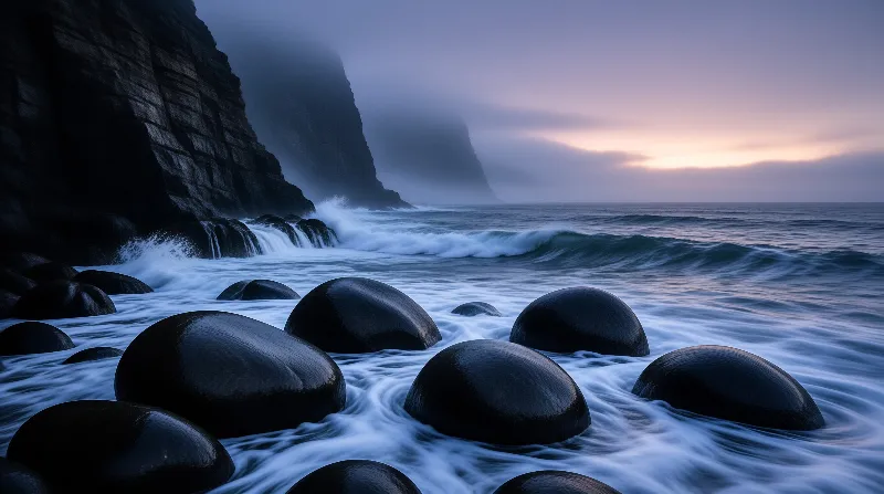 Large smooth stones sit in churning blue water near tall cliffs while the sky glows orange at the horizon.
