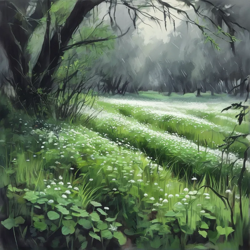 A rain-dappled forest path lined with wildflowers stretches into a misty grove under dark overhanging branches