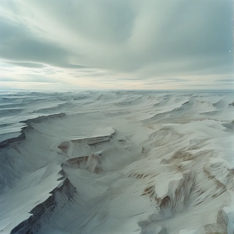 An aerial view of snow-blanketed eroded hills and gullies stretching to a flat horizon under a soft overcast winter sky.