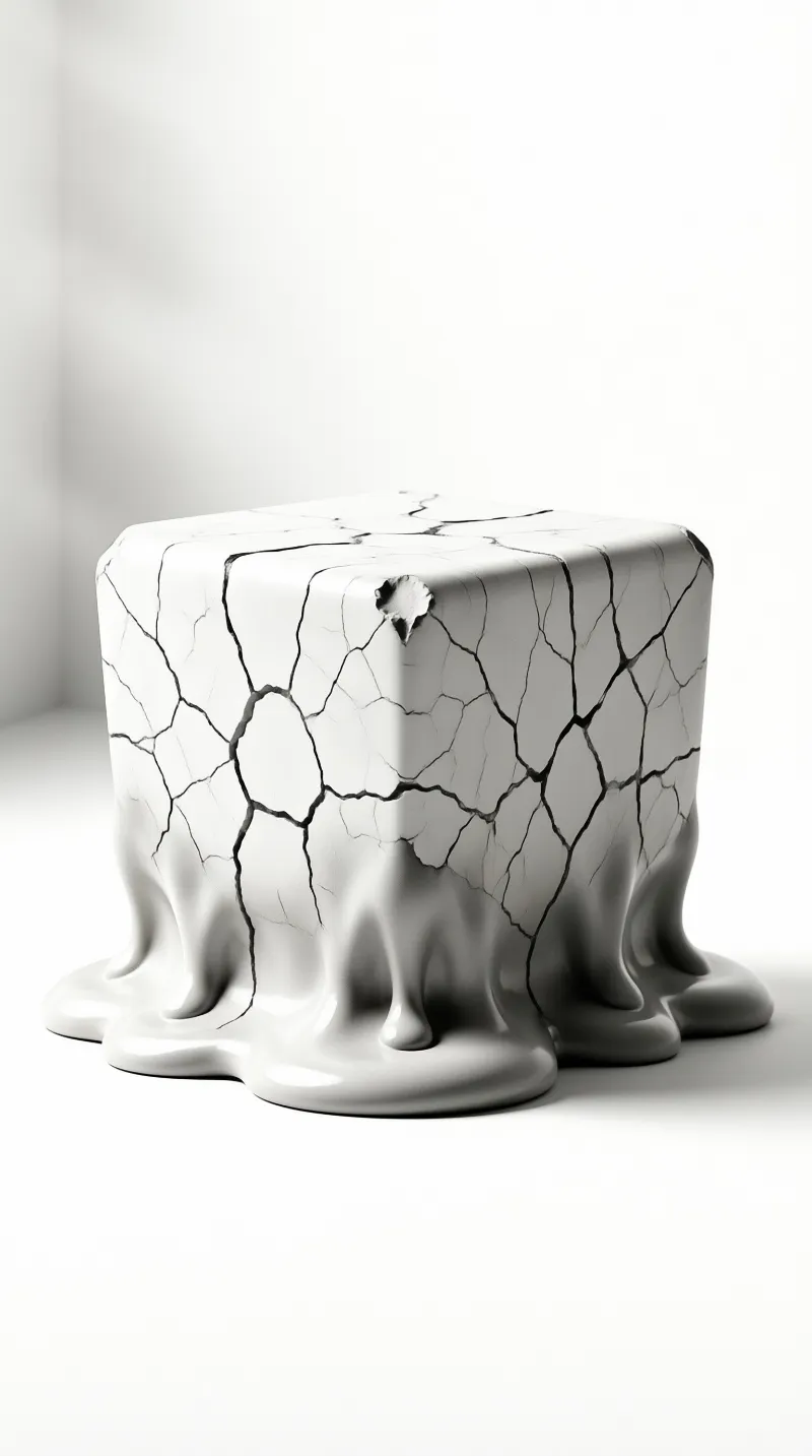 A white geometric block with fissures melts into liquid puddles against a bright studio backdrop.