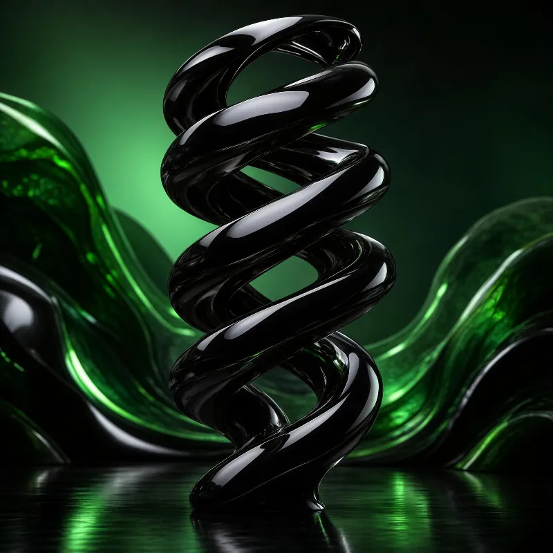 A glossy black spiral sculpture stands on a reflective surface with a green wavy background and light reflections