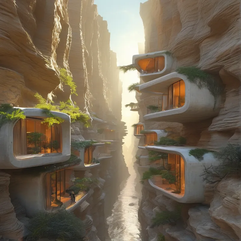 White dwelling pods with glass windows are built into steep layered canyon walls with bright light streaming from the end.