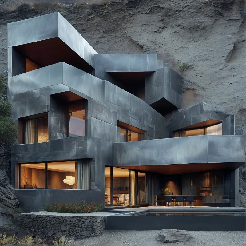 A modern concrete house built into a grey cliff has cantilevered levels and windows glowing with warm light.