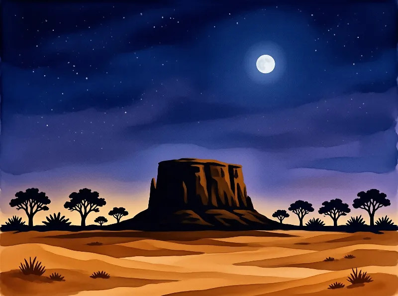 A massive flat-topped rock sits in a sandy desert at night with silhouetted trees and a bright moon.