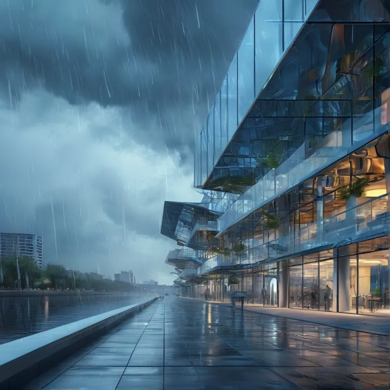Angular glass structure beside a wet promenade in a rainstorm with dark clouds.