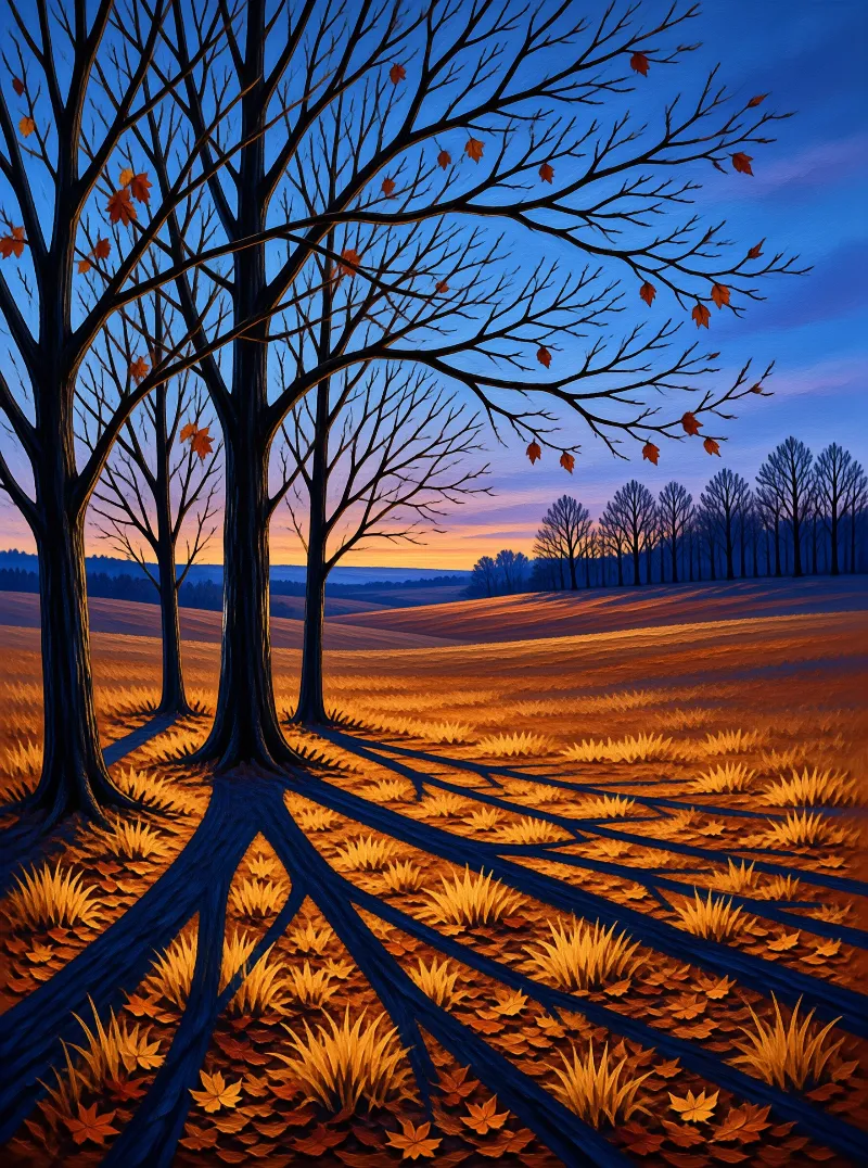 Leafless trees cast long dark shadows across a golden field under a twilight sky.