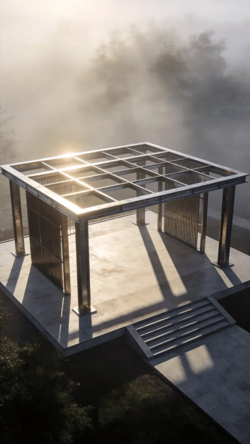 Pavilion with Steel Frame — Foggy Morning
