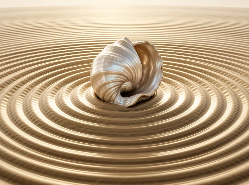 A pearlescent spiral shell rests centrally on a golden surface marked by concentric ripples resembling water waves.