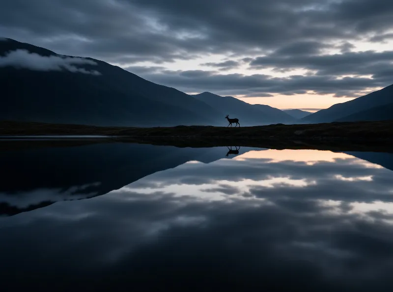 A deer silhouetted against a cloudy sky stands on a ridge above a calm lake that mirrors the twilight hues.