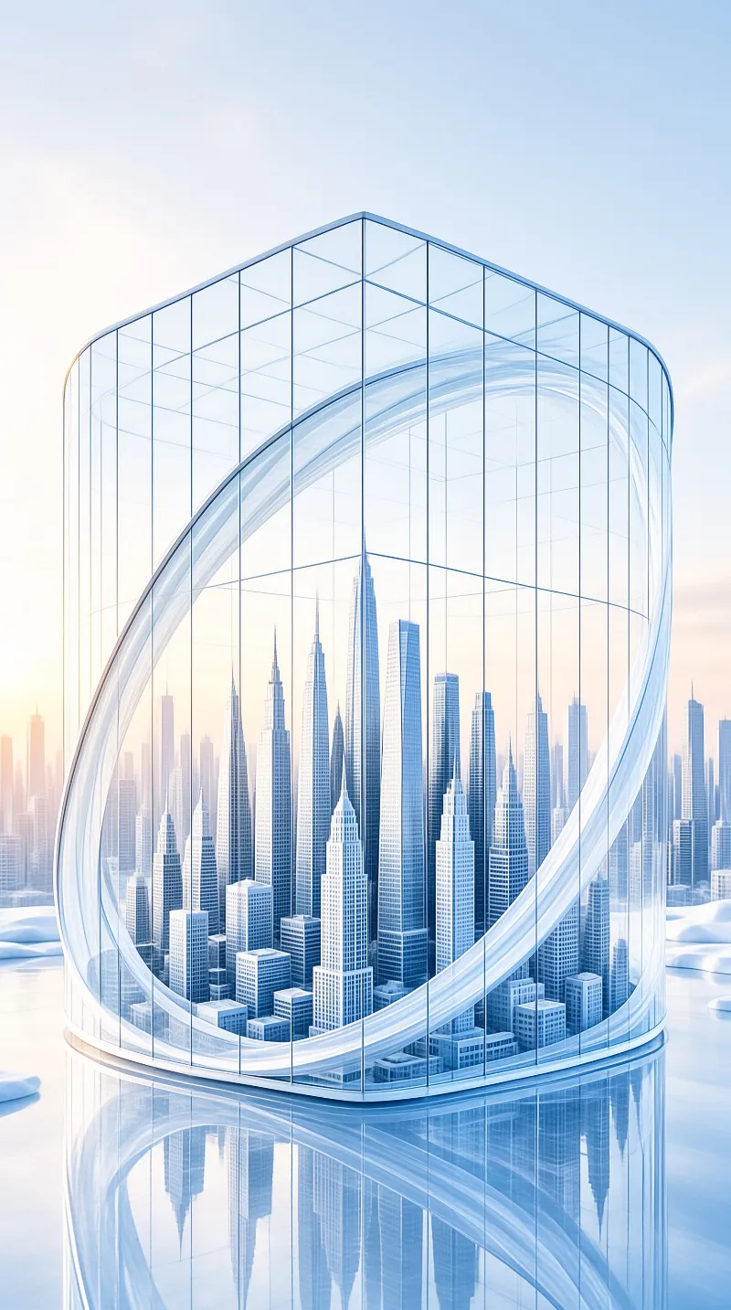 Transparent glass cylinder floats above water holding a miniature city skyline bathed in soft blue light.