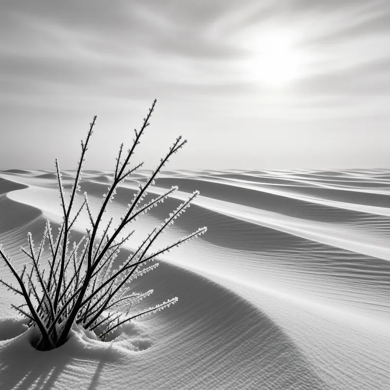A bare branching shrub with ice crystals grows from white sand dunes under a bright sun in monochrome.