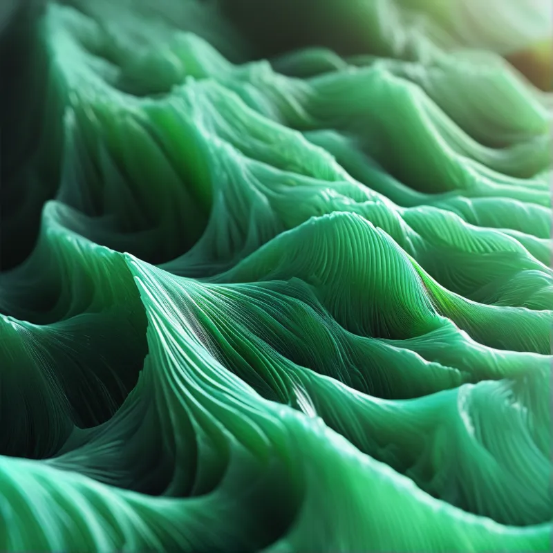 Close up view of deep green fibrous folds with bright light shining on the crests and dark shadows in the valleys