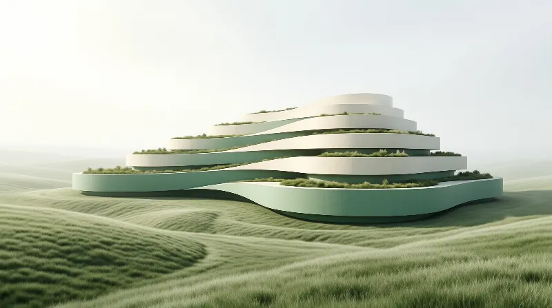 A massive futuristic building with sweeping curved white edges and green planted levels sits centered in a vast expanse of rolling grassy terrain under a bright pale sky.