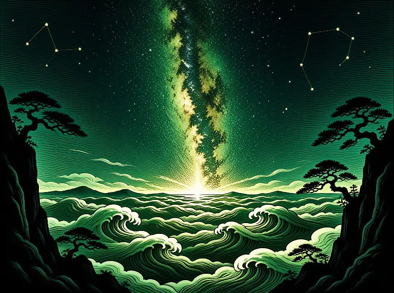 Green waves crash near dark cliffs while a bright vertical beam of stars illuminates the night sky above the ocean.