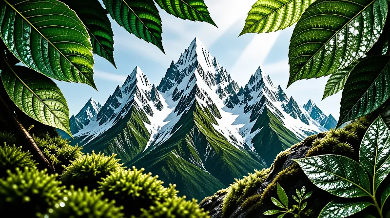 Distant snow-capped peaks appear through a natural frame of lush green leaves and mossy branches.