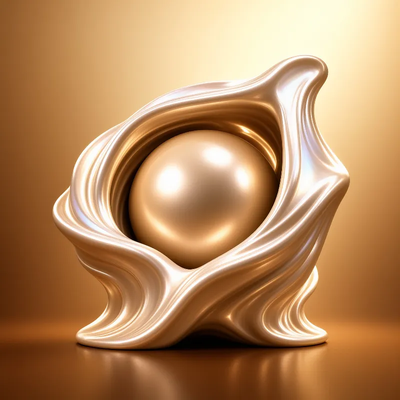 A polished golden sphere is cradled by a twisted flowing metallic structure under soft warm lighting.