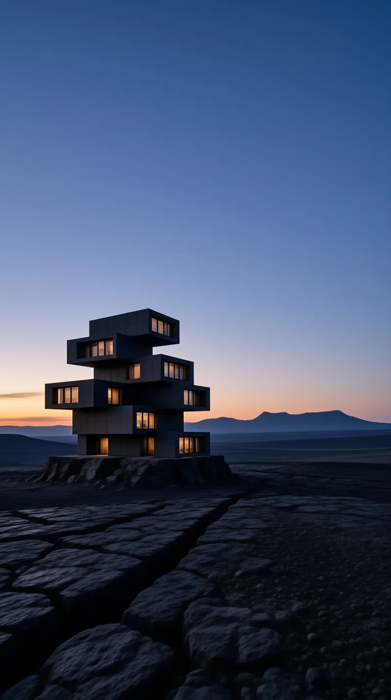 Stacked concrete volumes with warm lit windows stand on cracked rock beneath a dusk sky and distant mountains