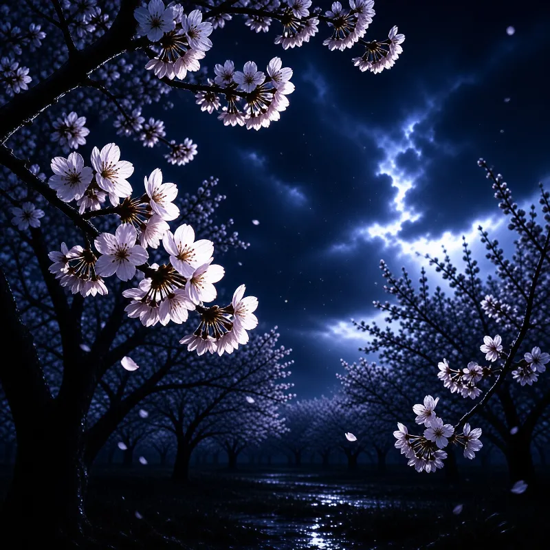 White flowers hang from dark branches against a deep blue sky filled with bright crackling clouds and falling petals.