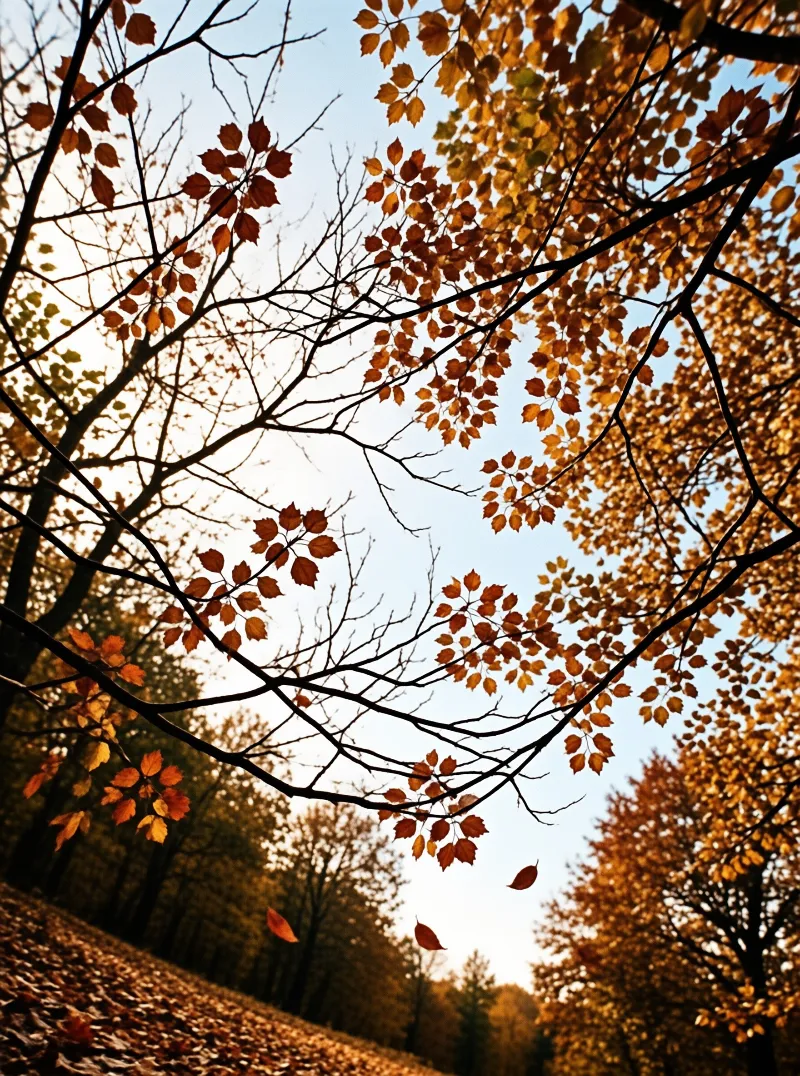 Dark tree branches with orange and yellow autumn leaves frame a pale blue sky while foliage falls to the ground below.