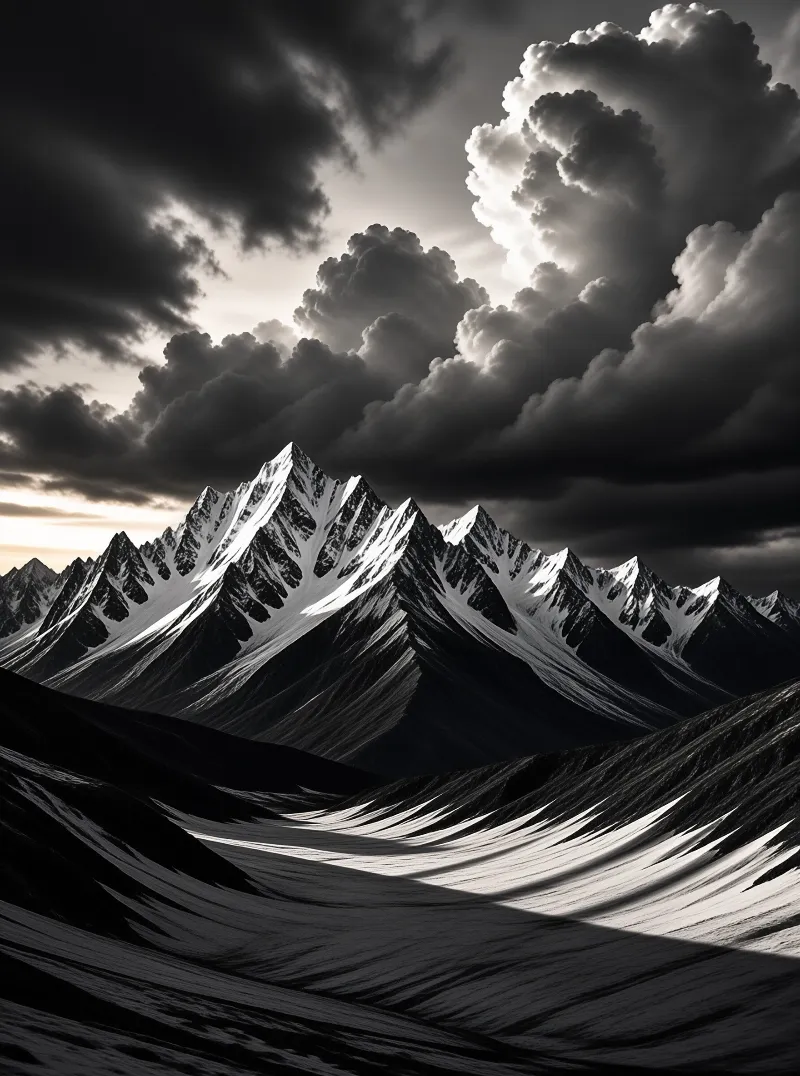 A high contrast view of jagged snow-covered peaks rising above rolling hills with dramatic clouds overhead.