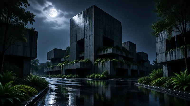 Rain slicks the plaza around stacked concrete terraces planted with ferns while the full moon breaks through cloud.